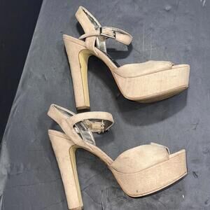 Vintage Y2K Brash Platform Heels 90s Baddie Party Faux Suede Beige Sandals  8